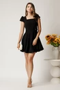 Rochie scurta neagra din stofa in clos cu floare in talie, 3, dyfashion.ro