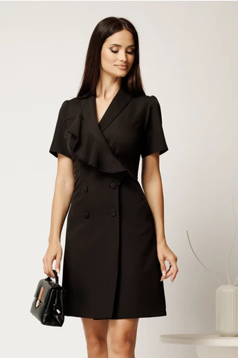 Rochie scurta neagra din stofa tip sacou cu volan si doua randuri de nasturi