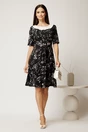 Rochie scurta neagra din triplu voal cu imprimeu alb si curea in talie, 3, dyfashion.ro