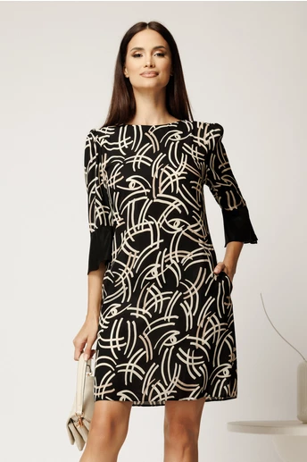 Rochie scurta neagra din voal cu imprimeu ivory si croi cambrat