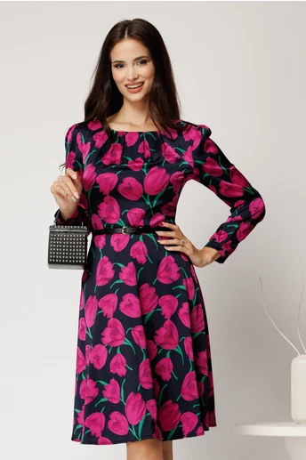 Rochie scurta neagra din voal satinat cu imprimeuri florale magenta