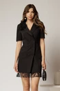 Rochie scurta neagra tip sacou cu dantela la fusta si detaliu floral, 1, dyfashion.ro
