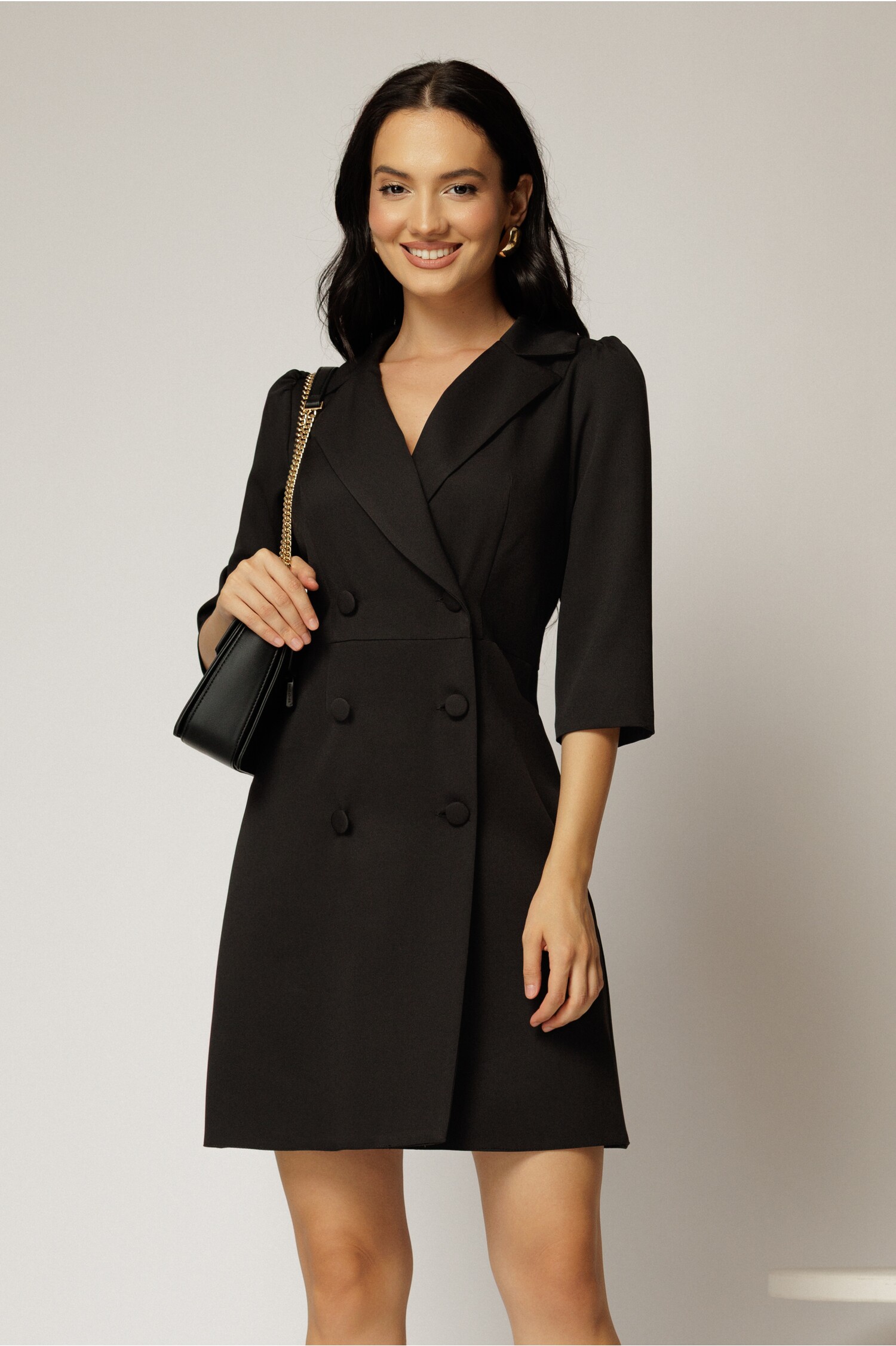 Rochie scurta office neagra tip sacou cu inchidere cu nasturi