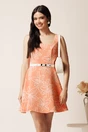 Rochie scurta orange in clos cu model floral 3D si curea in talie, 1, dyfashion.ro