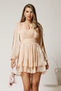 Rochie scurta piersica din voal satinat in clos cu insertii din fir lurex, 2, dyfashion.ro