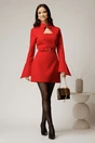 Rochie scurta rosie cu guler tip camasa si accesoriu, 3, dyfashion.ro