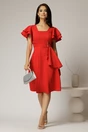Rochie scurta rosie cu maneci scurte evazate si aplicatie pe talie, 3, dyfashion.ro