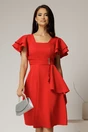 Rochie scurta rosie cu maneci scurte evazate si aplicatie pe talie, 1, dyfashion.ro