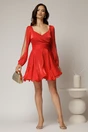 Rochie scurta rosu corai de ocazie cu fusta cu volanase si manecile lungi crapate, 3, dyfashion.ro