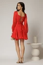 Rochie scurta rosu corai de ocazie cu fusta cu volanase si manecile lungi crapate, 2, dyfashion.ro