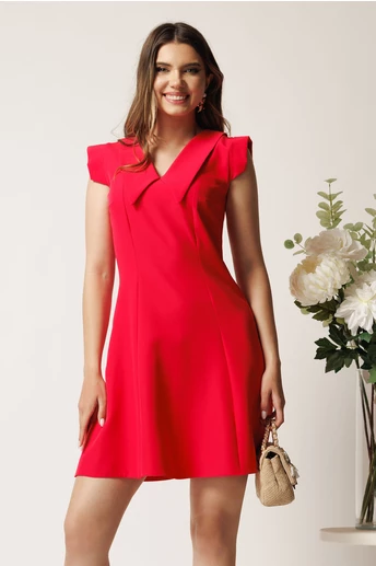 Rochie scurta rosu zmeura din stofa cu croi in clin si guler maxi- Moze