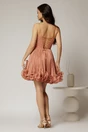 Rochie scurta roz coniac din voal in clos cu volanase si floare maxi pe talie, 2, dyfashion.ro
