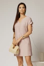 Rochie scurta roz cu croi drept din rayon cu decolteu in V si snur la maneci, 1, dyfashion.ro