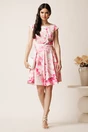 Rochie scurta roz cu flori ivory in clos cu buzunare si curea in talie, 3, dyfashion.ro