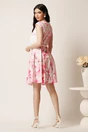 Rochie scurta roz cu flori ivory in clos cu buzunare si curea in talie, 2, dyfashion.ro