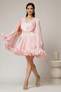 Rochie scurta roz de ocazie cu aplicatii florale pe talie din voal peliculizat, 3, dyfashion.ro