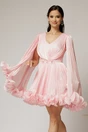 Rochie scurta roz de ocazie cu aplicatii florale pe talie din voal peliculizat, 1, dyfashion.ro