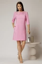 Rochie scurta roz de ocazie cu croi drept si funde cu guler cu margele la decolteu, 3, dyfashion.ro