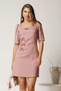 Rochie scurta roz din stofa cu fundite, 1, dyfashion.ro