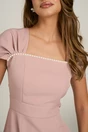 Rochie scurta roz din stofa evazata cu perlute la bust, 3, dyfashion.ro
