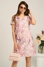 Rochie scurta roz din viscoza cu croi drept si flori mov, 1, dyfashion.ro