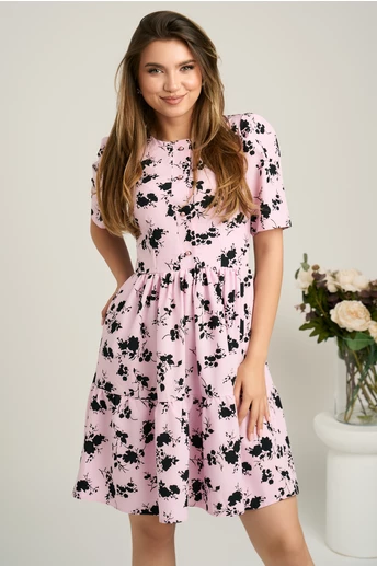 Rochie scurta roz din voal in clos cu imprimeu floral negru- Moze