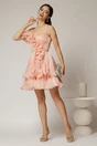 Rochie scurta roz somon de ocazie cu volanas pe umar din voal peliculizat, 3, dyfashion.ro