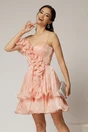 Rochie scurta roz somon de ocazie cu volanas pe umar din voal peliculizat, 1, dyfashion.ro
