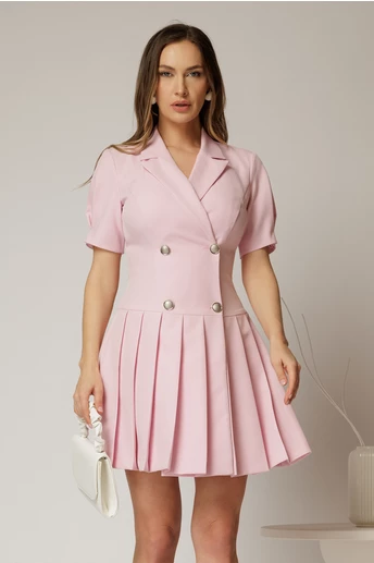 Rochie scurta roz tip sacou cu pliuri pe fusta