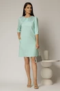 Rochie scurta turcoaz de ocazie cu croi drept si funde cu guler cu margele la decolteu, 3, dyfashion.ro