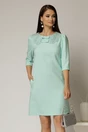 Rochie scurta turcoaz de ocazie cu croi drept si funde cu guler cu margele la decolteu, 1, dyfashion.ro