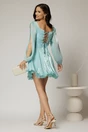 Rochie scurta turcoaz de ocazie cu fusta cu volanase si manecile lungi crapate, 2, dyfashion.ro