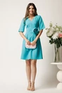 Rochie scurta turcoaz din stofa cu trandafir si pliuri in talie- Moze, 3, dyfashion.ro