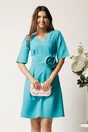Rochie scurta turcoaz din stofa cu trandafir si pliuri in talie- Moze, 1, dyfashion.ro