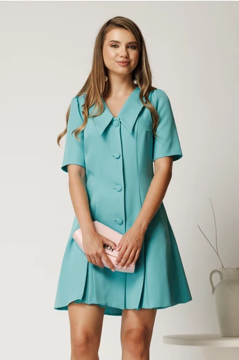 Rochie scurta turcoaz din stofa in clini cu nasturi si guler maxi
