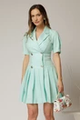 Rochie scurta turcoaz tip sacou cu pliuri pe fusta, 1, dyfashion.ro