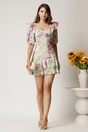 Rochie scurta verde din rayon cu flori roz in clos cu volane pe fusta, 3, dyfashion.ro