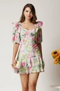 Rochie scurta verde din rayon cu flori roz in clos cu volane pe fusta, 1, dyfashion.ro