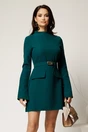 Rochie scurta verde din stofa cu clapete tip buzunare si curea in talie, 1, dyfashion.ro