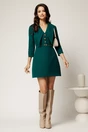 Rochie scurta verde din stofa cu guler maxi ascutit si curea in talie, 3, dyfashion.ro