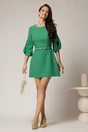 Rochie scurta verde din stofa cu maneci bufante si curea in talie, 3, dyfashion.ro