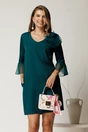 Rochie scurta verde din stofa cu mansete din voal plisat si floare maxi, 1, dyfashion.ro