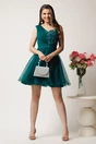 Rochie scurta verde din tull in clos cu flori pe bust- Ella Collection Serena, 2, dyfashion.ro