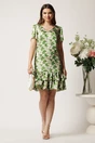 Rochie scurta verde din voal lejera cu print bej si volane la baza- Moze, 2, dyfashion.ro