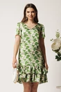 Rochie scurta verde din voal lejera cu print bej si volane la baza- Moze, 1, dyfashion.ro