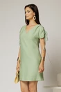 Rochie scurta verde fistic cu croi drept din rayon cu decolteu in V si snur la maneci, 1, dyfashion.ro