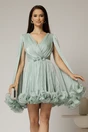 Rochie scurta verde menta de ocazie cu aplicatii florale pe talie din voal peliculizat, 1, dyfashion.ro