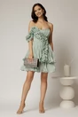 Rochie scurta verde menta de ocazie cu volanas pe umar din voal peliculizat, 3, dyfashion.ro