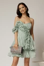 Rochie scurta verde menta de ocazie cu volanas pe umar din voal peliculizat, 1, dyfashion.ro