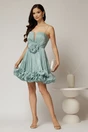 Rochie scurta verde mint din voal in clos cu volanase si floare maxi pe talie, 3, dyfashion.ro